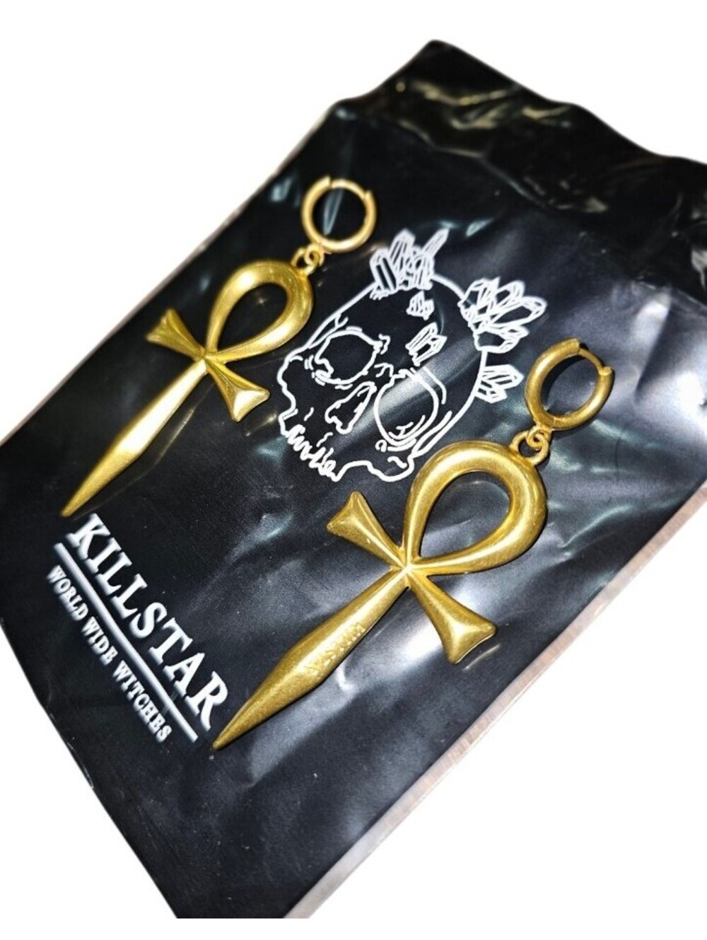 Killstar Resurrection Egyptian Ankh Gold Tone Metal Earrings NEW - Picture 2 of 4